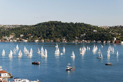 Sailing boats and yachts in bosporus cup in istanbul, turkey