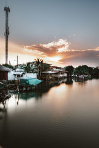 Reflection of buildings in water at sunset