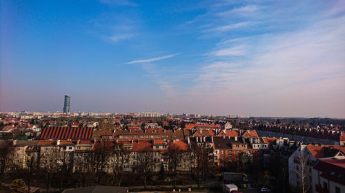 High angle shot of townscape against sky