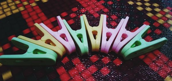 High angle view of multi colored candies on table