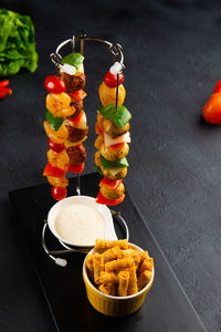 Close-up of fruits served on table