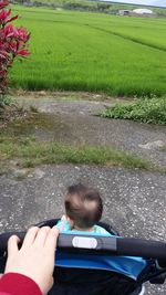 Boy on grass in water