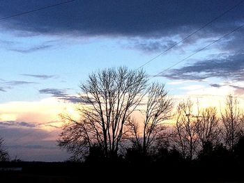 Bare trees on landscape at sunset