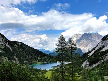 Scenic view of lake and mountains against sky