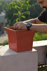 Midsection of woman holding potted plant on table