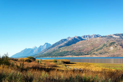 Scenic view of mountains against clear blue sky