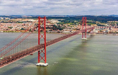 Suspension bridge over river in city