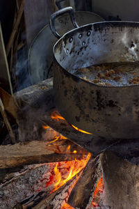 High angle view of meat on barbecue grill