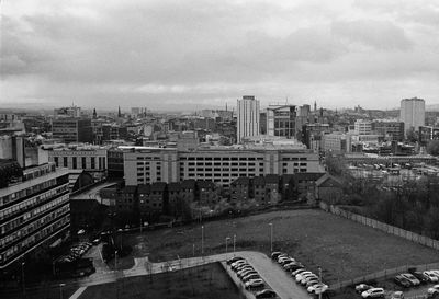 High angle view of buildings against sky