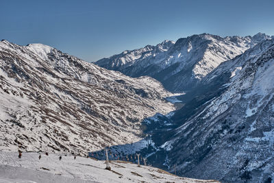 Scenic view of snowcapped mountains against clear sky