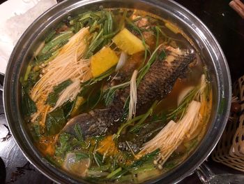 High angle view of soup in bowl