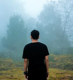 Rear view of man looking at waterfall