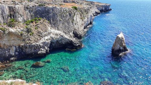 High angle view of rock formations in sea