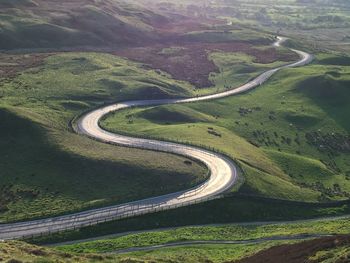 High angle view of winding road on landscape