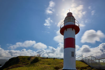 Low angle view of lighthouse amidst buildings against sky