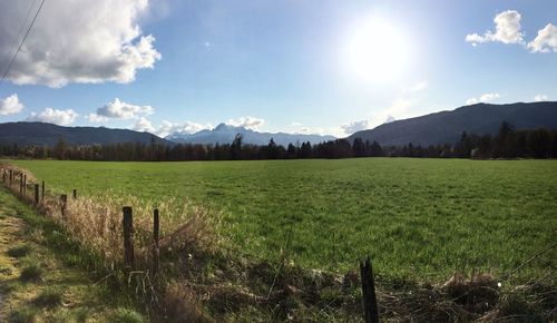 Scenic view of grassy field against cloudy sky