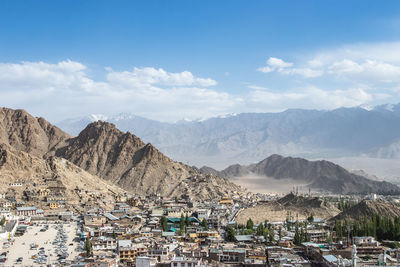 Landscape of leh-ladakh city with blue sky, northern india. it is located in the indian himalayas.