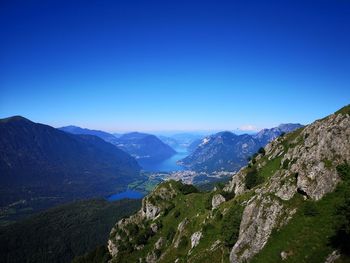 Scenic view of mountains against clear blue sky