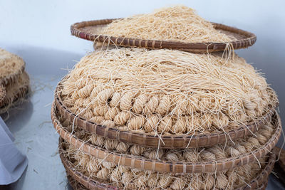 High angle view of dried eggs in basket