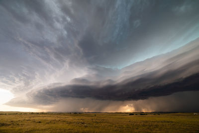 Dramatic storm clouds lead a line of severe thunderstorms across rural montana.