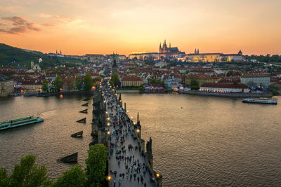 High angle view of city at riverbank