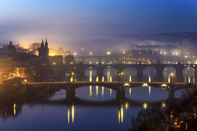 Illuminated bridge over river at night