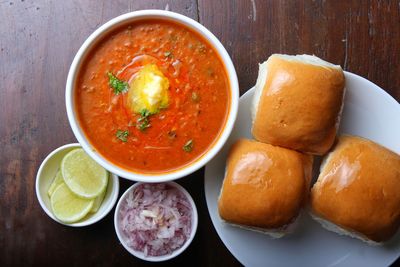 High angle view of breakfast served on table