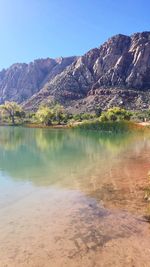 Scenic view of calm lake against mountain range