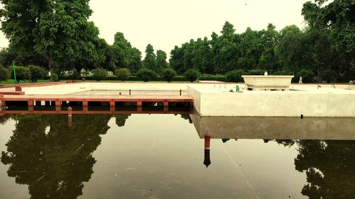 Reflection of trees in lake against sky