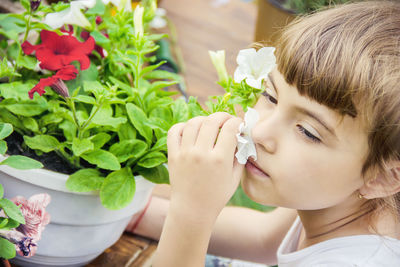 Close-up of girl blowing flowers