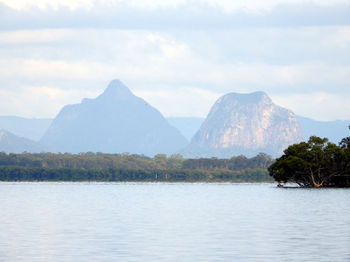 Scenic view of lake and mountains against sky