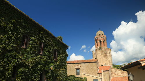 Low angle view of trees and buildings against sky