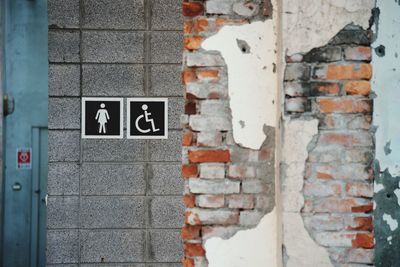 Close-up of restroom signs on wall