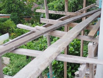 Close-up of wooden fence against plants