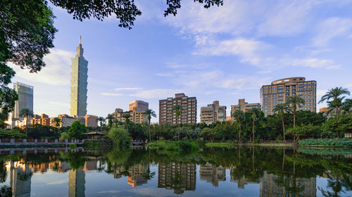 Reflection of buildings in lake