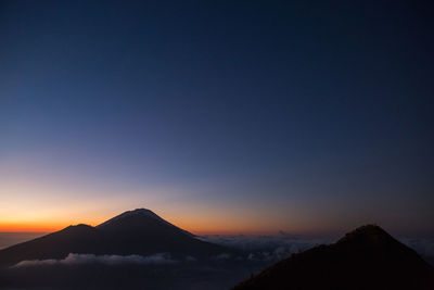 Scenic view of silhouette mountains against clear sky during sunset