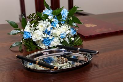 High angle view of flower bouquet on table