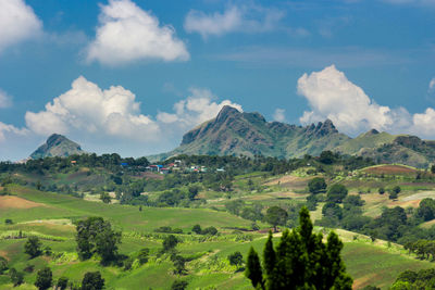 Scenic view of green landscape against sky