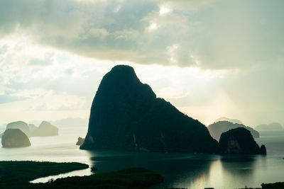 Rock formations by sea against sky