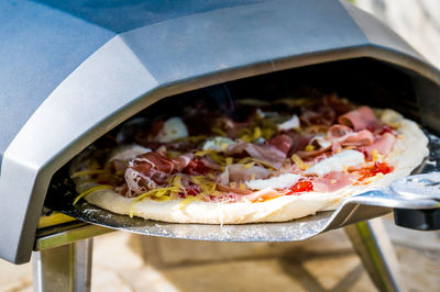 High angle view of pizza on table