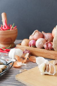 Close-up of chopped vegetables on cutting board