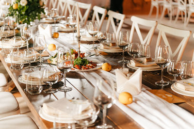 High angle view of food served on table