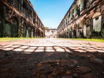 Surface level of old building against sky