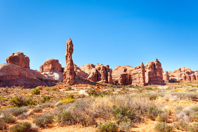 Rock formations against clear blue sky