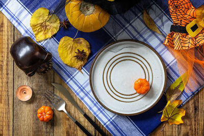 High angle view of fruits and vegetables on table