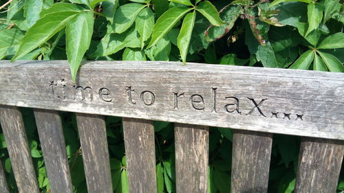 High angle view of text on plant by fence