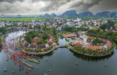 High angle view of buildings in city