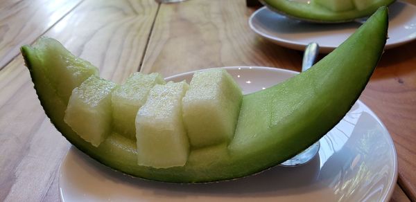 High angle view of fruits in bowl on table