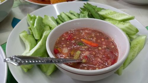 High angle view of salad in bowl on table