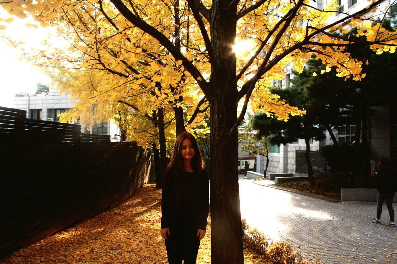 lifestyles, tree, building exterior, leisure activity, street, walking, architecture, built structure, city, rear view, sunlight, person, standing, sun, city life, full length, tree trunk, sidewalk